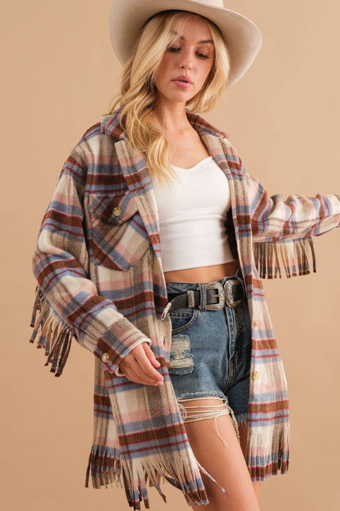 Blue B Yarn Dyed Plaid Chest Pocket Fringe Bottom Jacket