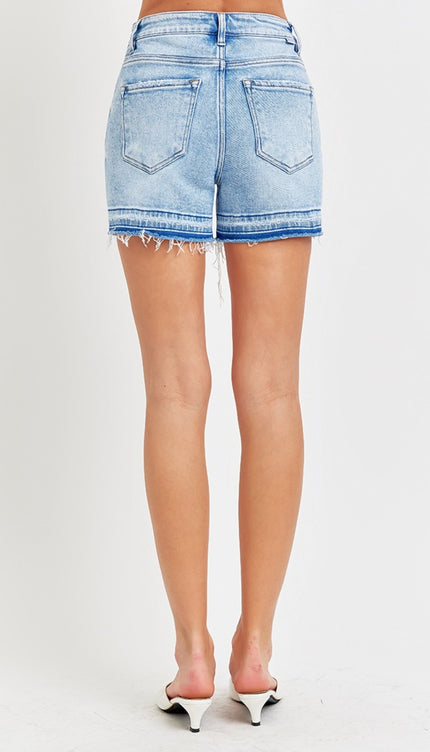 RISEN High Rise Distressed Hem Denim Shorts