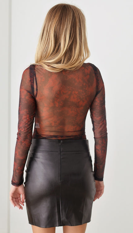 HERA COLLECTION Abstract Mesh Lace-Up Long Sleeve Bodysuit-Modish