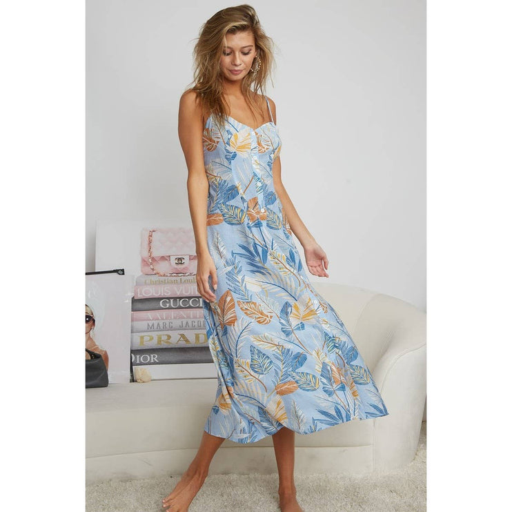 OPEN BACK WITH TIE TROPICAL PRINT DRESS