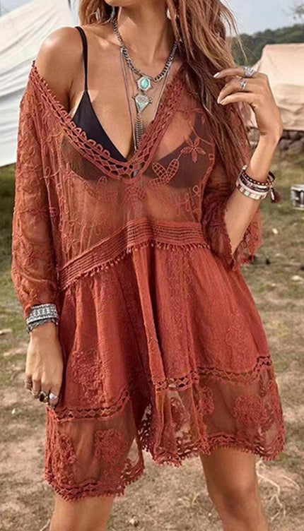 Modish Lace Detail Plunge Cover-Up Dress