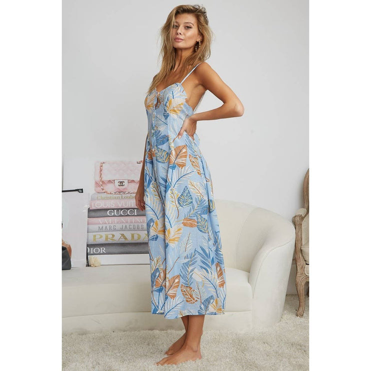 OPEN BACK WITH TIE TROPICAL PRINT DRESS