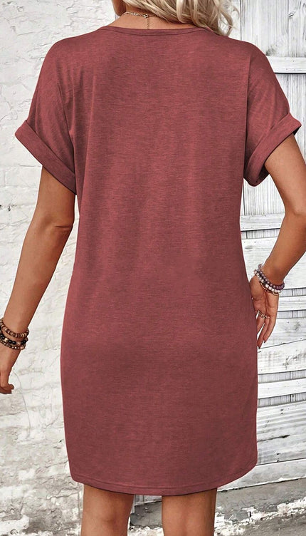 Modish - Quarter Button V-Neck Short Sleeve Dress