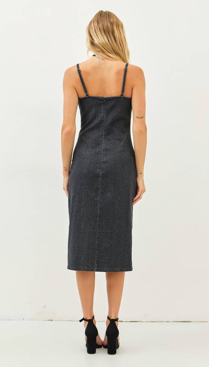 WESTERN WASHED DENIM FITTED DRESS WITH FRONT SLIT AND LACE