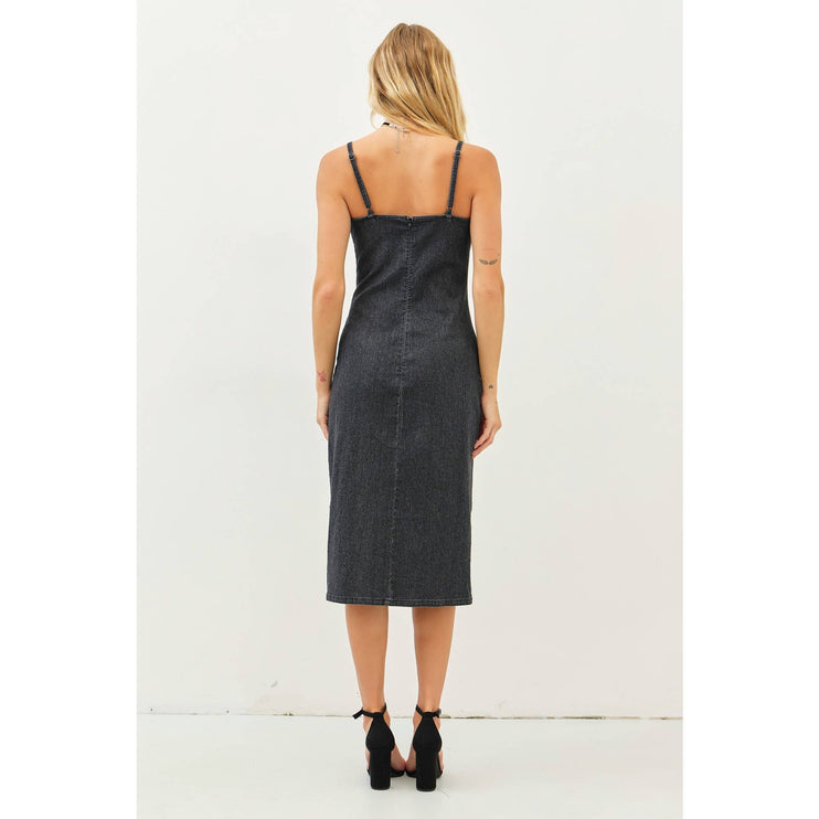 WESTERN WASHED DENIM FITTED DRESS WITH FRONT SLIT AND LACE