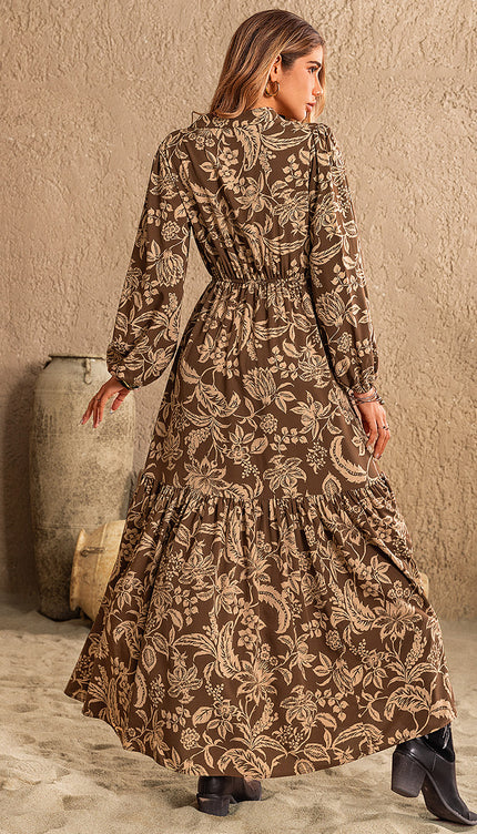 Ruched Printed Notched Long Sleeve Maxi Dress