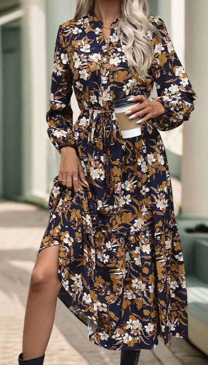 Print Long Sleeve Midi Dress