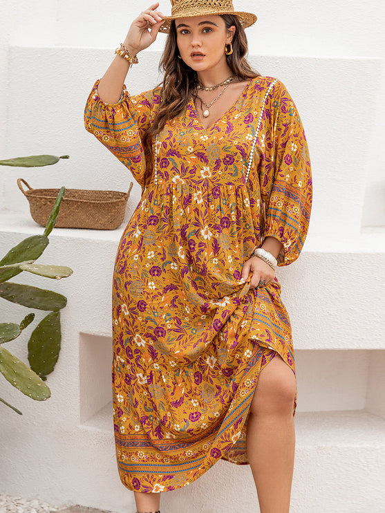 Modish Rustic Chic Plus Size Floral V-Neck Midi Dress