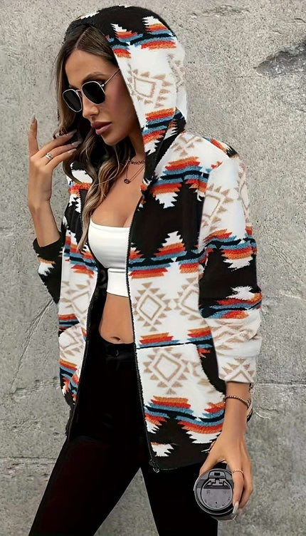 Geometric Zip Up Hooded Jacket