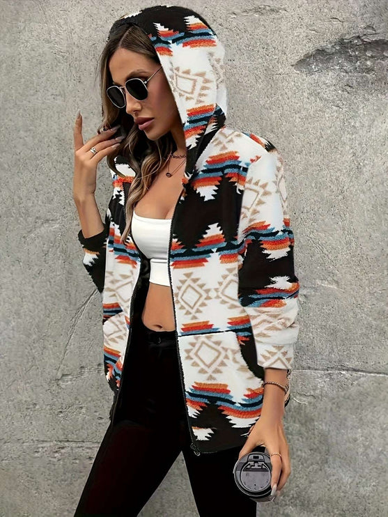 Geometric Zip Up Hooded Jacket