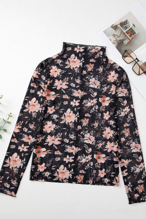 Floral Mock Neck Long Sleeve Blouse