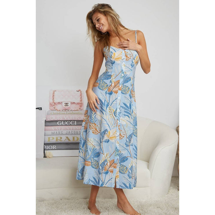 OPEN BACK WITH TIE TROPICAL PRINT DRESS