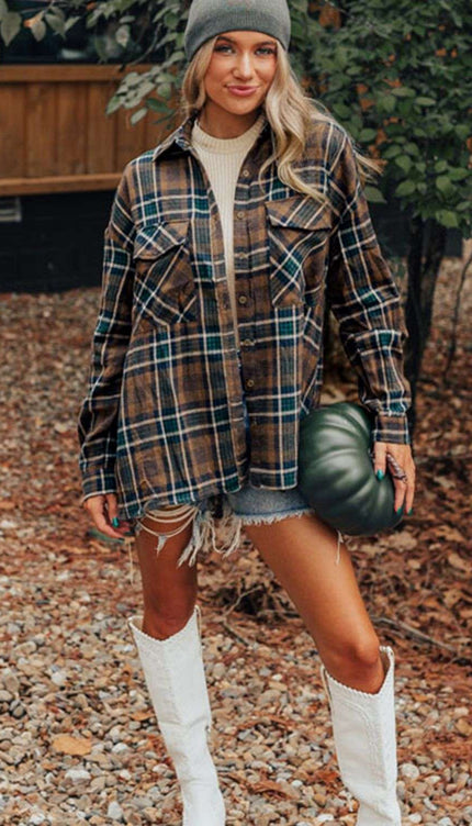 Plaid Collared Neck Button Up Jacket