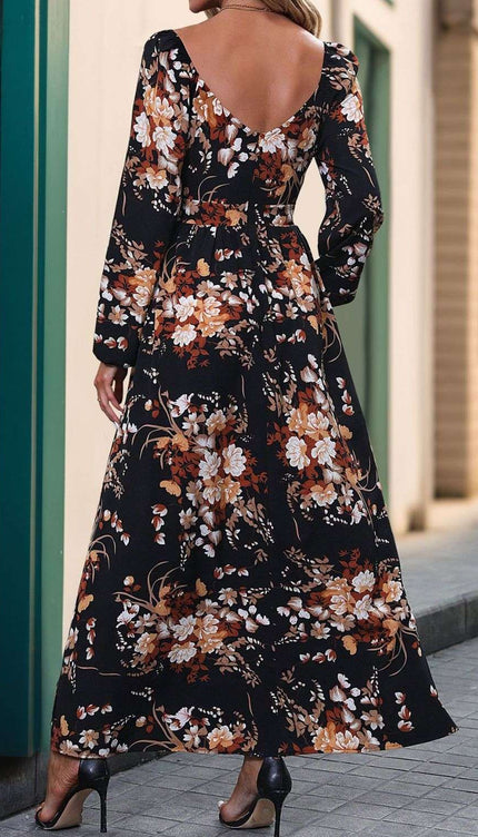 Perfee Slit Printed Surplice Long Sleeve Maxi Dress