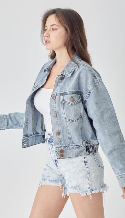 RISEN Full Size Button Down Cropped Denim Jacket