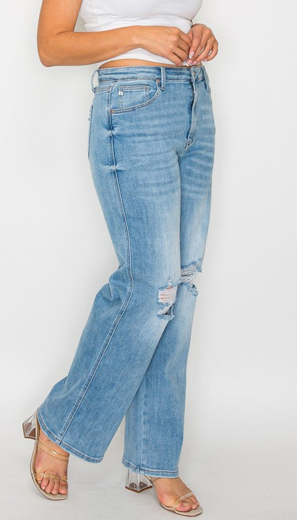 bytos Full Size Distressed High Rise Straight Jeans