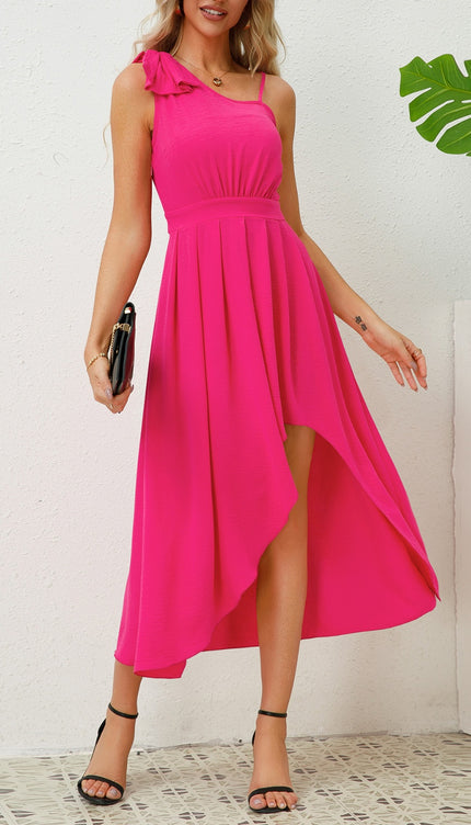 Bow Asymmetrical Neck Sleeveless Dress