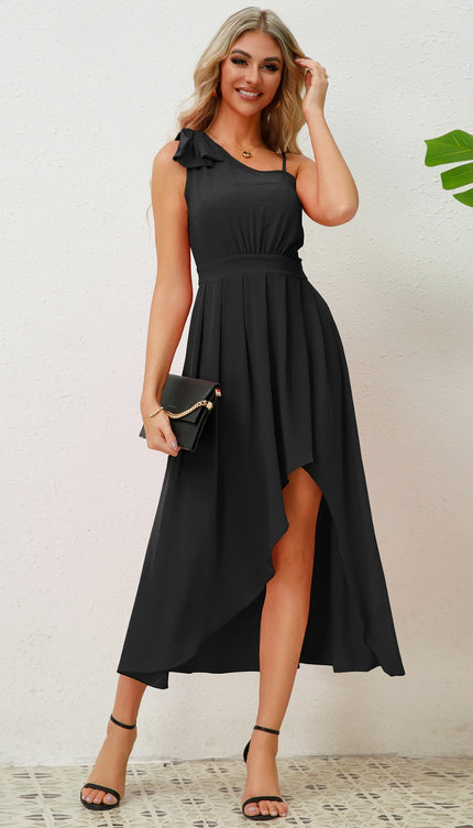 Bow Asymmetrical Neck Sleeveless Dress