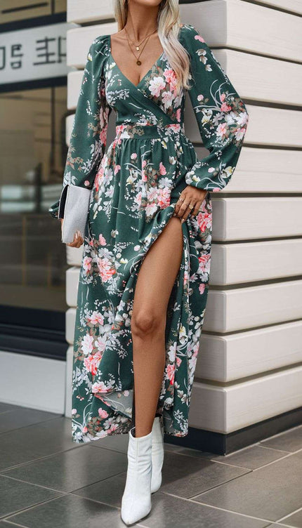 Perfee Slit Printed Surplice Long Sleeve Maxi Dress