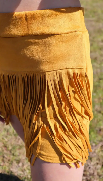 Holy Cow Vegan Suede Fringe Front Shorts - Mustard