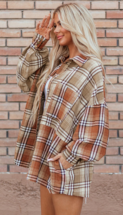 Plaid Snap Down Dropped Shoulder Shacket