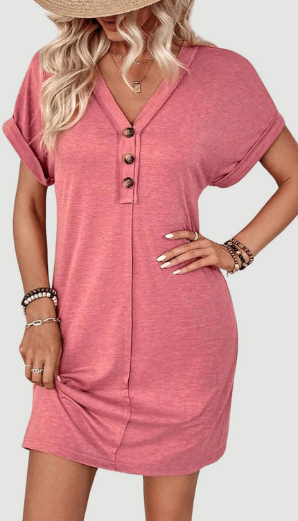 Modish - Quarter Button V-Neck Short Sleeve Dress