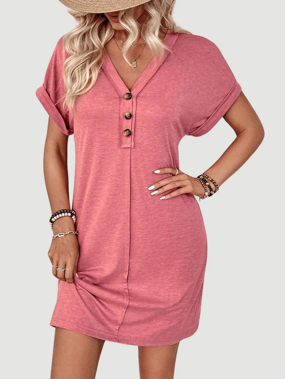 Modish - Quarter Button V-Neck Short Sleeve Dress