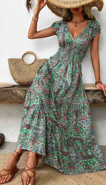 Modish Rustic Chic Smocked Print Midi Dress