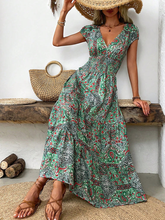 Modish Rustic Chic Smocked Print Midi Dress