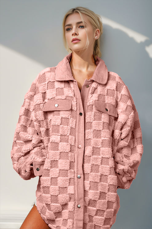 Modish Double Take Button Up Fuzzy Checkered Shacket