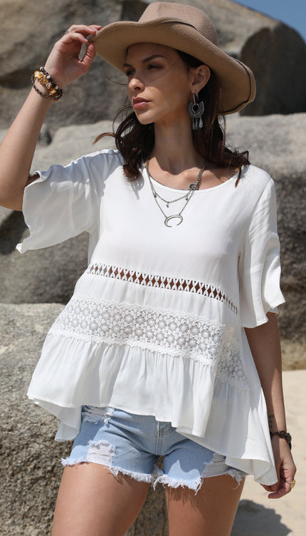 Modish Lace Detail Round Neck Half Sleeve Blouse