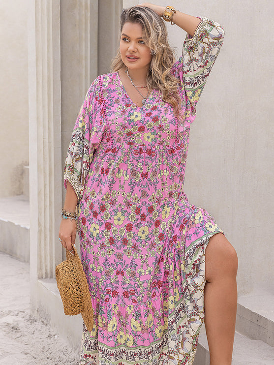 Modish Rustic Chic Plus Size Floral V-Neck Midi Dress