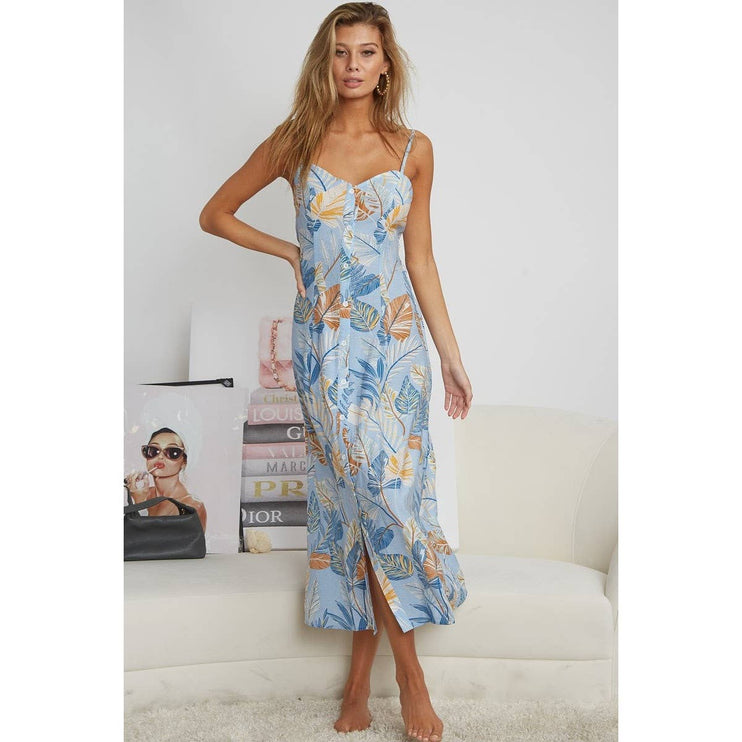 OPEN BACK WITH TIE TROPICAL PRINT DRESS