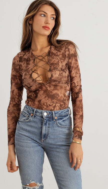 HERA COLLECTION Abstract Mesh Lace-Up Long Sleeve Bodysuit-Modish