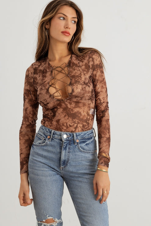 HERA COLLECTION Abstract Mesh Lace-Up Long Sleeve Bodysuit-Modish