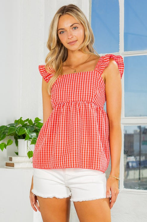 Ruffle Sleeve Tie Back Gingham Top-Modish