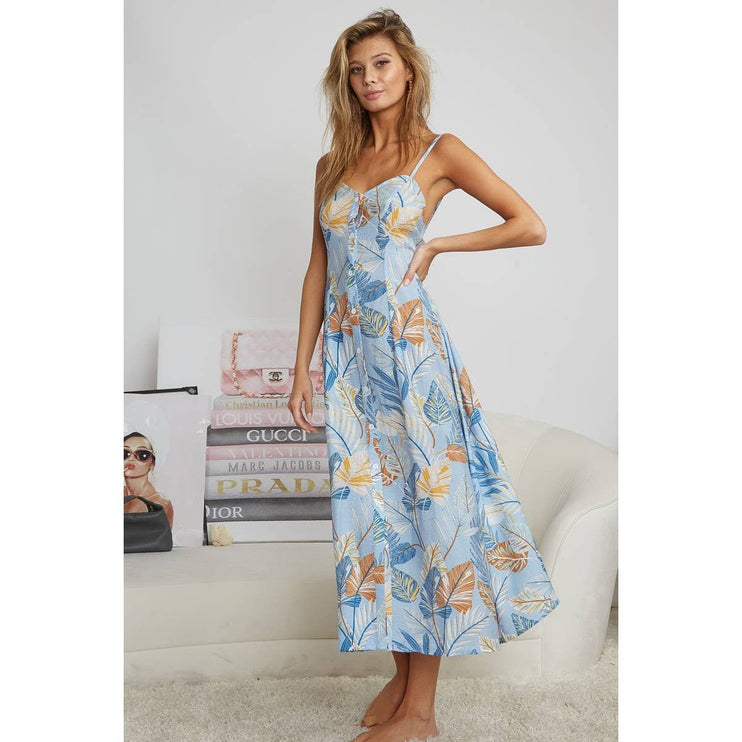 OPEN BACK WITH TIE TROPICAL PRINT DRESS