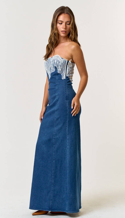 Modish Rustic Chic Denim Lace Tube Maxi Dress