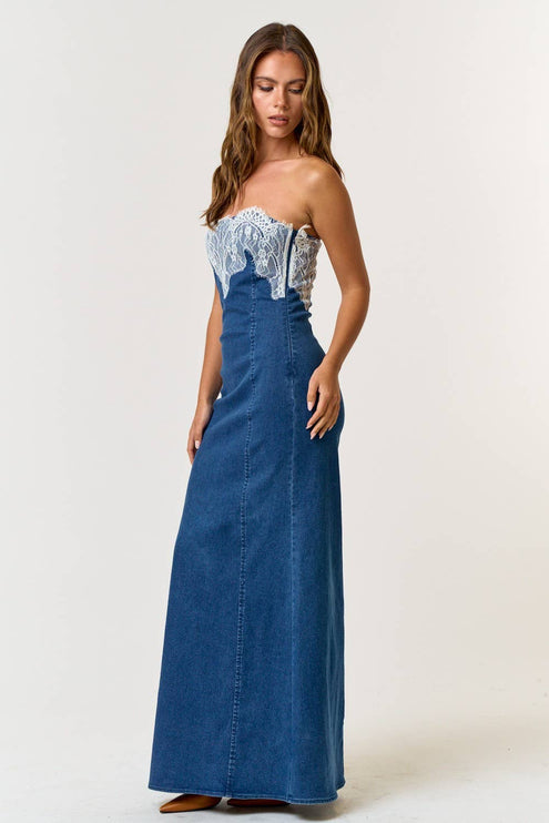 Modish Rustic Chic Denim Lace Tube Maxi Dress