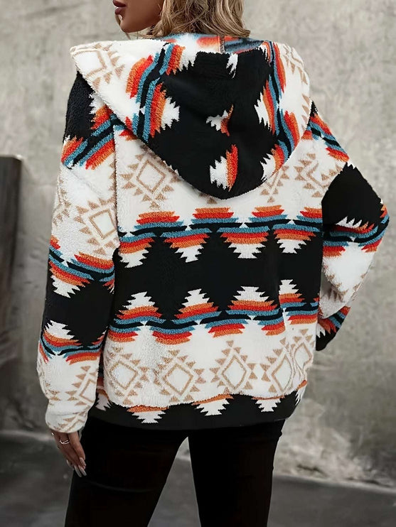 Geometric Zip Up Hooded Jacket