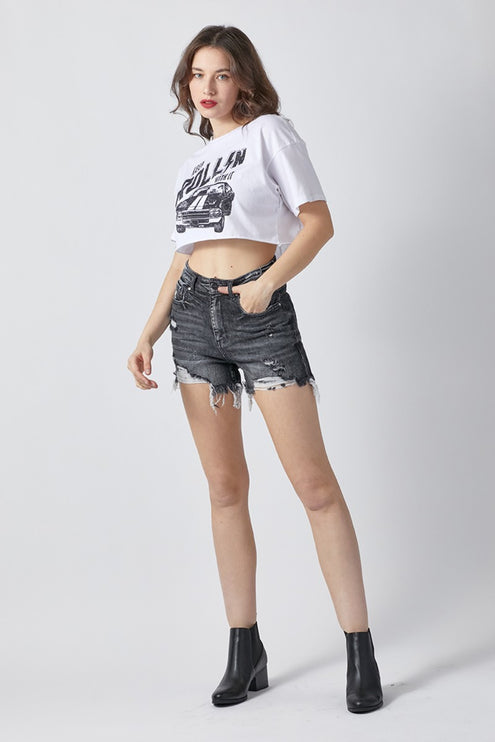 RISEN Full Size High Rise Distressed Denim Shorts-Modish