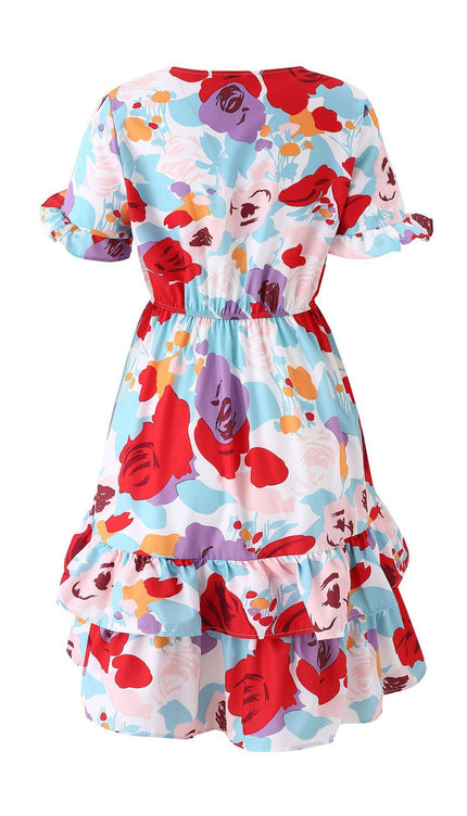 Summer Bow Short Sleeve Floral Print Babydoll Dress