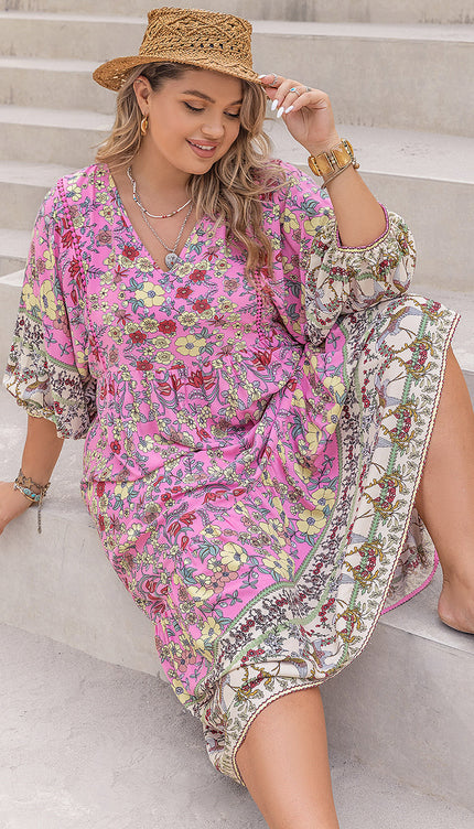 Modish Rustic Chic Plus Size Floral V-Neck Midi Dress