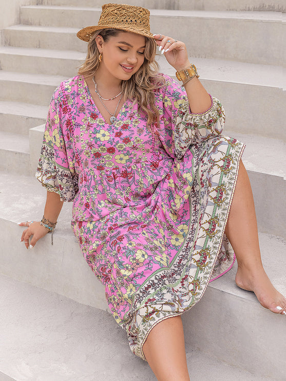 Modish Rustic Chic Plus Size Floral V-Neck Midi Dress