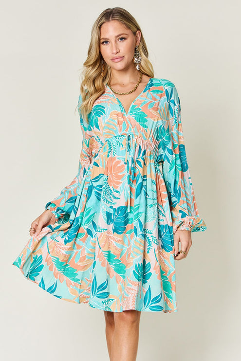 Double Take Full Size Printed V-Neck Drawstring Dress-Modish