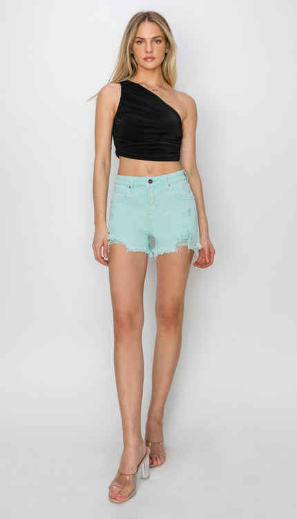 RISEN Mid Waist Frayed Hem Denim Shorts-Modish