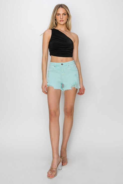 RISEN Mid Waist Frayed Hem Denim Shorts-Modish