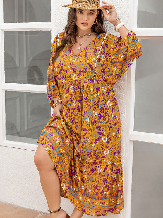 Modish Rustic Chic Plus Size Floral V-Neck Midi Dress