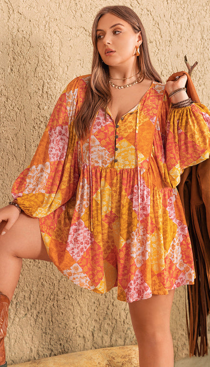 Modish Rustic Chic Plus Size Floral Tie Neck Balloon Sleeve Romper