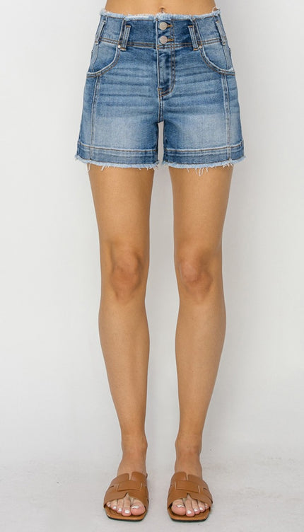 RISEN High Rise Seam Detailed Raw Edge Denim Shorts